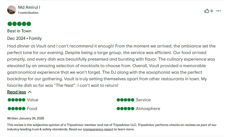 Customer review about fine dining experience in Dhaka on Tripadvisor