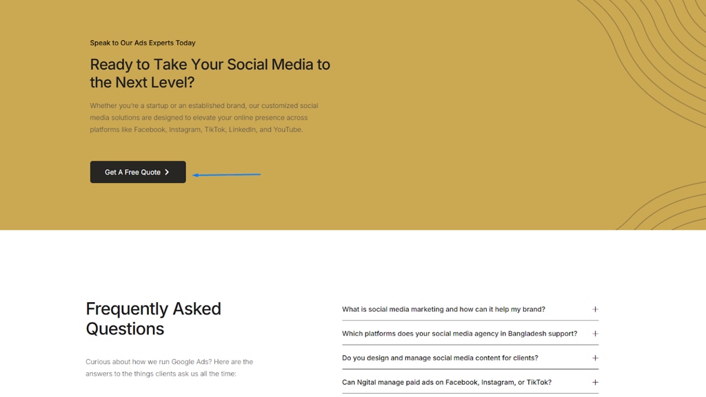 Call-to-Action of Ngital social media marketing service landing page 