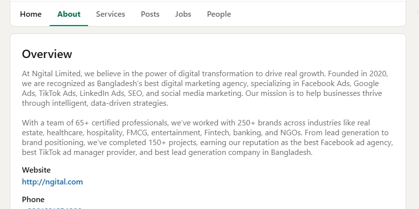 ngital linkedin page about section